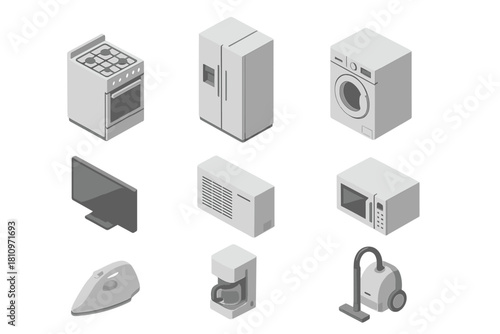 Isometric collection of modern household appliances for kitchen, laundry, and home cleaning