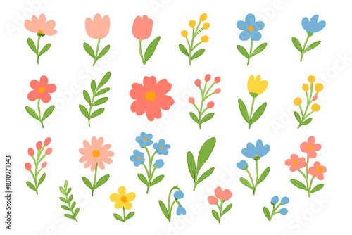 Set of vibrant hand drawn style blooming flowers and decorative green leaves
