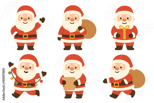 Cute cartoon Santa Claus characters set in various Christmas holiday poses and actions