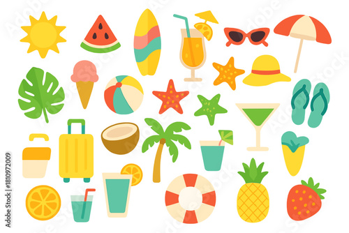 Colorful collection of summer vacation and beach holiday essentials on white background