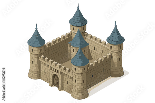 Isometric medieval stone fortress with high walls and multiple blue conical towers