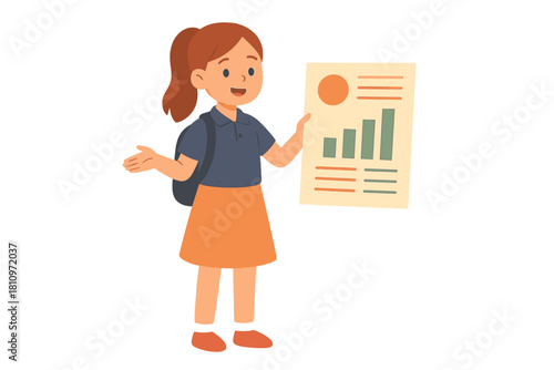 Smiling schoolgirl presenting a document with business growth data and financial statistics