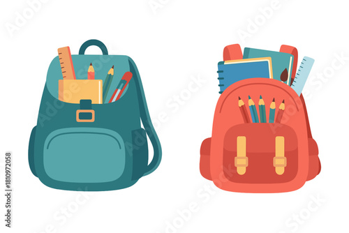Two colorful school backpacks filled with various educational supplies ready for the start of the academic year