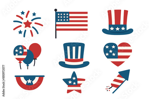 American patriotic symbols set with flag, top hats, heart, star, and fireworks