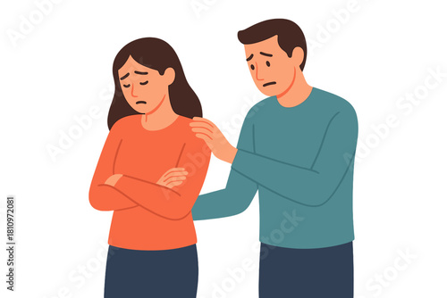 Man comforting sad woman with hand on her shoulder offering emotional support