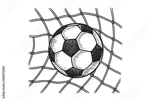 Stylized black and white soccer ball scoring a goal caught in the net