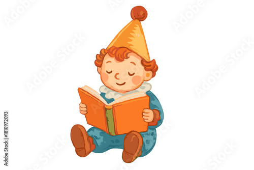 Young child in blue jester costume reading a storybook with a happy expression