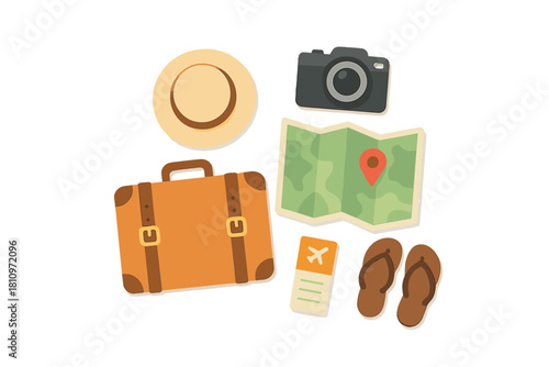 Essential travel accessories collection with suitcase, camera, map, hat, and flip-flops