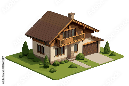 Isometric view of a modern detached house with balcony, attached garage, and green landscaping