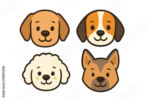 Four cute cartoon dog faces including golden retriever, beagle, poodle, and shepherd breeds
