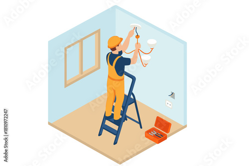 Professional electrician installing a ceiling light fixture in a room during home renovation work