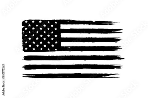 Distressed American flag in black and white grunge brush strokes texture