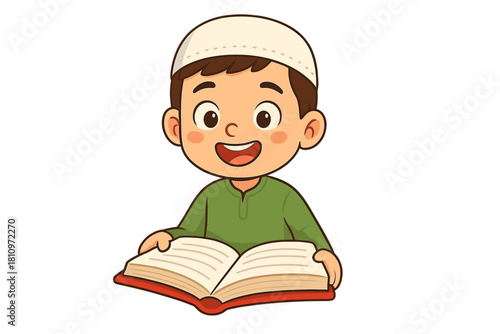 Cheerful young Muslim boy wearing traditional kufi cap reading religious book