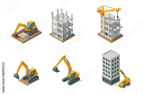 Isometric construction process showing building development stages and heavy equipment