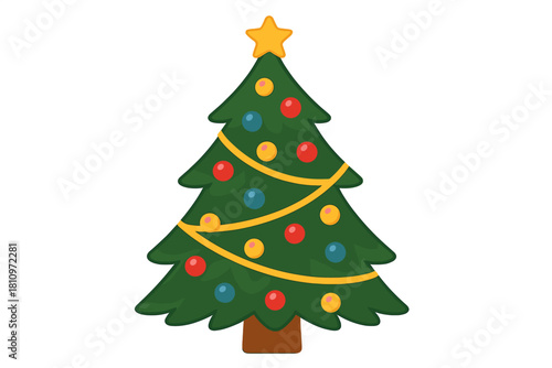 Traditional holiday Christmas tree adorned with colorful baubles, golden garland, and a bright star topper