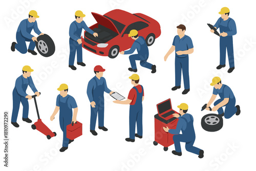 Professional auto service workers performing vehicle repair and maintenance