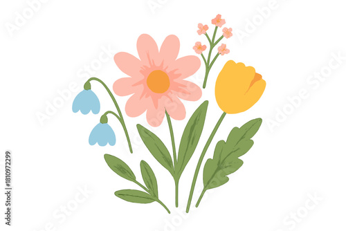Delicate pastel spring flower arrangement with pink daisy, yellow tulip, and blue bell blossoms