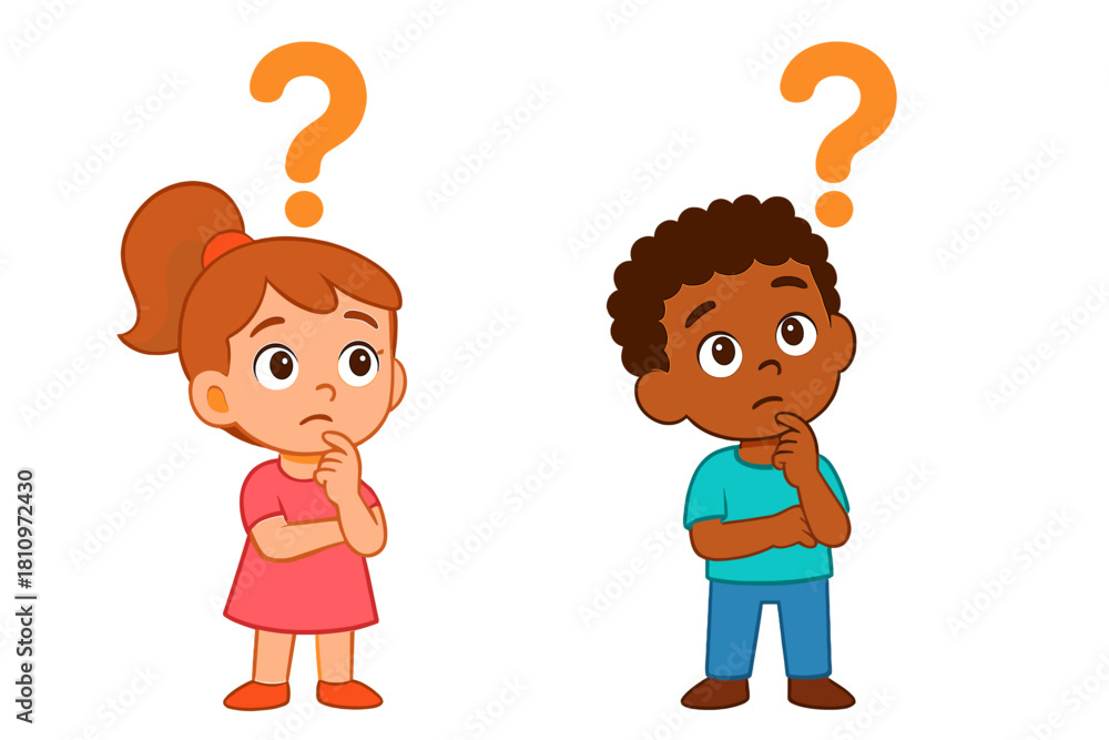 Naklejka premium Diverse young children standing confused with big question marks above their heads