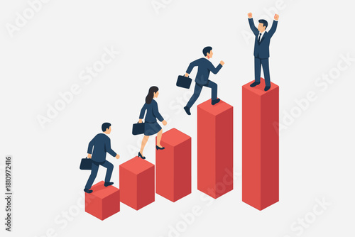 Corporate professionals moving up steps of a rising graph symbolizing ambition and victory
