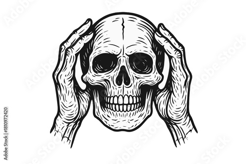 Black and white human skull with hands covering the sides of the head in a vintage print style
