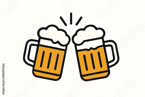 Two frothy beer mugs clinking together in a cheerful celebratory toast concept