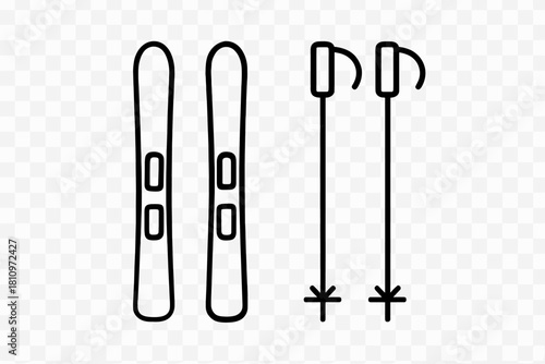 Black outline icon of a pair of alpine skis and two ski poles for winter sports equipment design