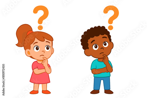 Diverse young children standing confused with big question marks above their heads