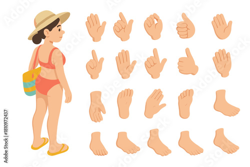 Customizable character kit of a woman in a bikini with various hand and foot poses