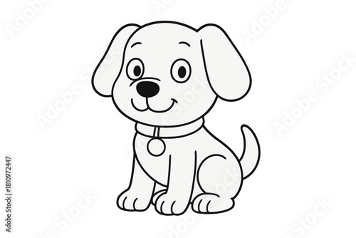 Adorable cartoon puppy dog sitting with a collar and tag black and white line art