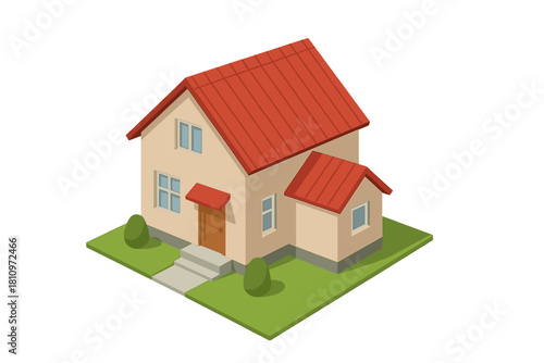Isometric view of a suburban residential house with a bright red roof and small green lawn