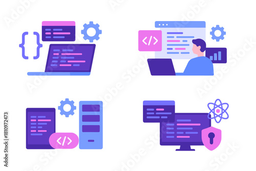 Modern symbols representing software development, web programming, coding, and data security