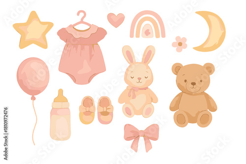Sweet collection of baby shower elements including plush toys, infant clothing, bottle, and celestial shapes