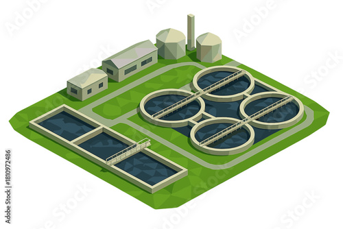 Isometric wastewater treatment facility with purification tanks and industrial buildings