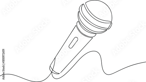 Single line drawing of a microphone with sound waves