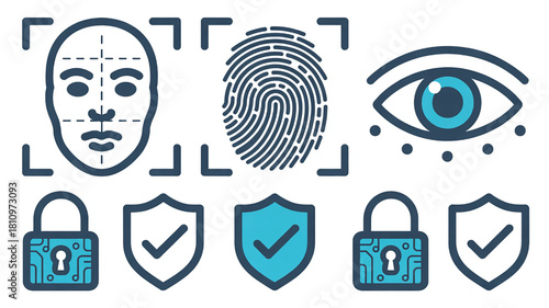 Set of biometric security icons flat vector design elements for identification and access control isolated on white background