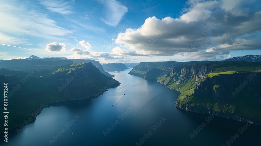 Naklejka premium Boats Gliding Through Deep Blue Waters and Towering Fjord Walls