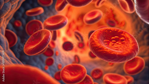 Blood clot blocking red blood cells stream in artery concept. Close-up view of human blood cells flowing in the bloodstream.