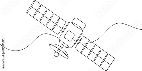 Single line drawing of a satellite in orbit space technology