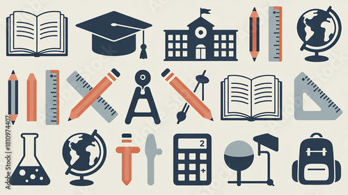 Education icon set vector illustration of school supplies and learning tools flat design for educational resources and back to school projects