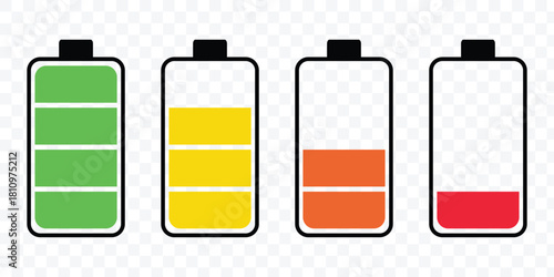 Low to full battery level status indicator with charging symbol. Collection of battery icons showing various charge levels and power status.