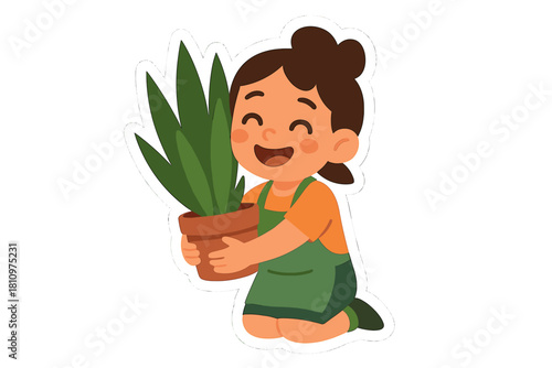 Happy child carefully holding potted snake plant indoors