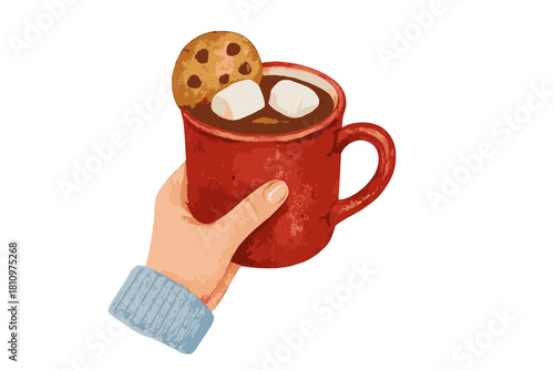 Hand holding warm mug of hot chocolate with marshmallows and cookie