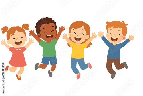 Diverse happy children jumping with raised arms against white background