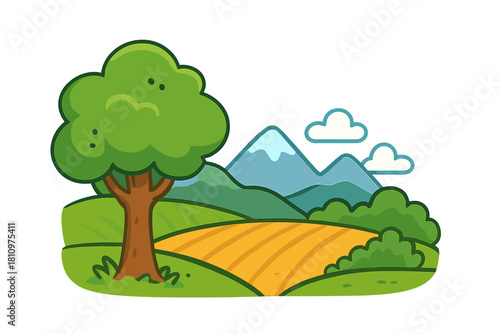 Vibrant cartoon landscape with large tree cultivated field and distant mountains