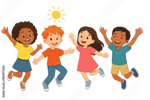 Joyful diverse group of children jumping high under bright sunlight