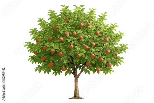 Lush green tree bearing ripe orange citrus fruits isolated on white background