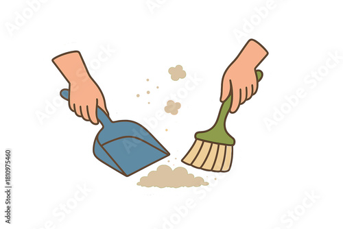 Hands sweeping dirt into dustpan with small hand brush