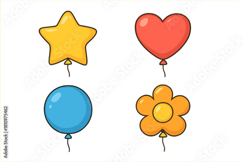 Set of four colorful shaped party balloons star heart circle and flower