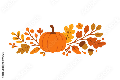 Central orange pumpkin surrounded by autumn leaves and acorns border element