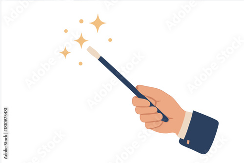 Hand holding magic wand emitting bright golden sparkles and stars